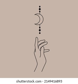 Female hand logo in a minimal linear style. Vector logo with hand and Moon.