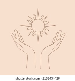 Logotipo femenino de mano en un mínimo de estilo lineal. Logo vector con mano y sol.