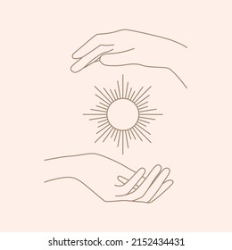 Logo der weiblichen Hand in minimalem linearen Stil. Vektorlogo mit der Hand und der Sonne.