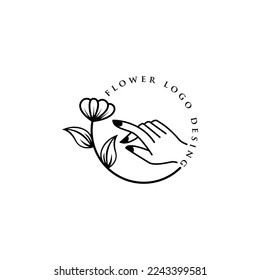 Logo de la mano femenina en estilo lineal minimalista. Emblema vectorial con la mano sosteniendo el gesto de la flor.