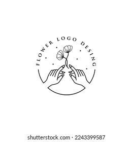 Logo der weiblichen Hand im minimalistischen linearen Stil. Vektorsymbol mit Hand, die eine florale Geste hält.