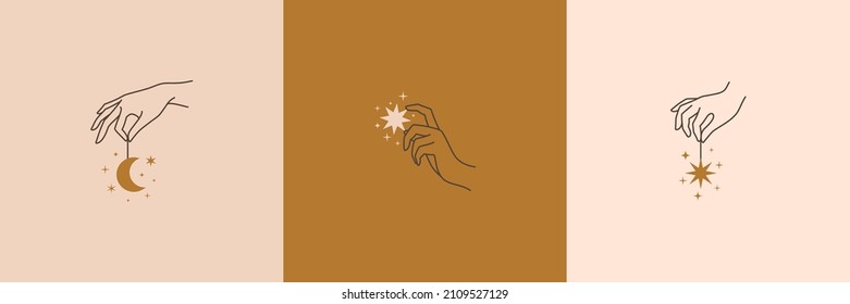 Female Hand Logos in Minimal Linear Style. Vector Emblem with Different Hand Gestures, Moon and Stars for cosmetics, beauty, tattoo, Spa, manicure, jewelry store