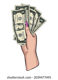 Female Hand With Long Acrylic Nails Holding Money , Cash Payment Concept Art 