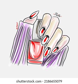 Female hand with long nails holds nail polish, trendy nail design, fashion, manicure mood, lovely cartoon, doodle style sketch