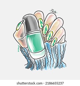 Female hand with long nails holds nail polish, trendy nail design, fashion, manicure mood, lovely cartoon, doodle style sketch