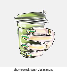 Female hand with long nails holds a glass with coffee drink, trendy nail design, fashion, manicure mood, lovely cartoon, sketch in doodle style