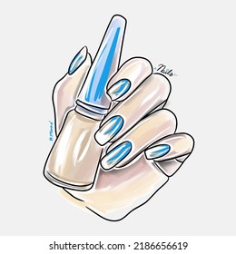 Female hand with long nails holds nail polish, trendy nail design, fashion, manicure mood, lovely cartoon, doodle style sketch