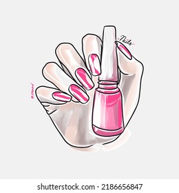 Female hand with long nails holds nail polish, trendy nail design, fashion, manicure mood, lovely cartoon, doodle style sketch