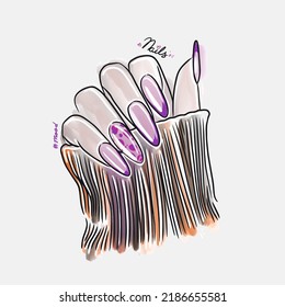 Female hand with long nails, trendy nail design, fashion, manicure mood, lovely cartoon illustration, doodle style sketch