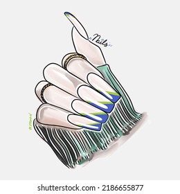 Female hand with long nails, trendy nail design, fashion, manicure mood, lovely cartoon illustration, doodle style sketch