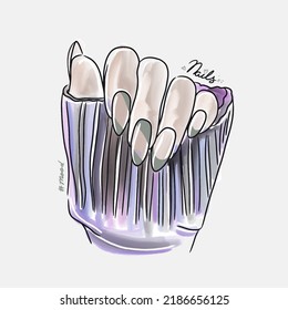 Female hand with long nails, trendy nail design, fashion, manicure mood, lovely cartoon illustration, doodle style sketch