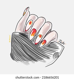 Female hand with long nails, trendy nail design, fashion, manicure mood, lovely cartoon illustration, doodle style sketch