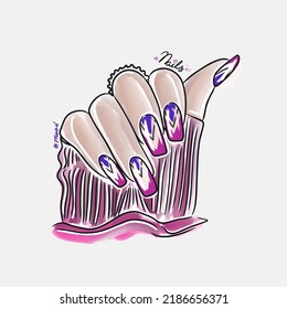 Female hand with long nails, trendy nail design, fashion, manicure mood, lovely cartoon illustration, doodle style sketch