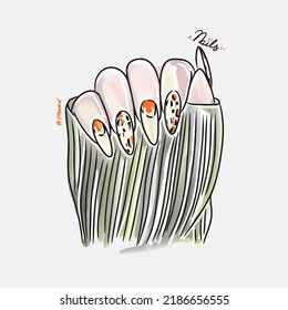 Female hand with long nails, trendy nail design, fashion, manicure mood, lovely cartoon illustration, doodle style sketch