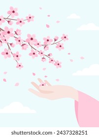 A female hand with a long sleeve, palm up, catching falling petals under a blossoming sakura branch. Flat vector illustration