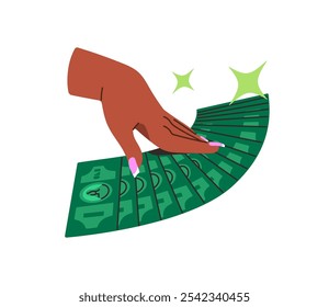 Female hand with luxury manicure and cash money fan. Rich woman has a lot of dollar bills, many green banknotes. Financial success, wealth. Flat isolated vector illustration on white background