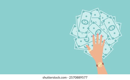 Female hand lying on a pile of dollar bills on a green background, top view. Flat vector illustration with copy space