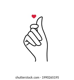 Female hand making fingers gesture small red heart. Asian sign of love, Korean symbol mini heart. Vector illustration