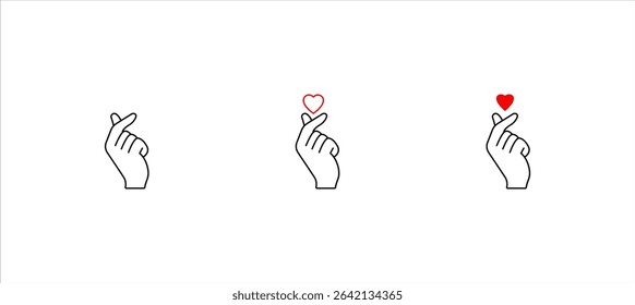 Female hand making fingers gesture small red heart. Asian sign of love, Korean symbol mini heart. Vector illustration of a love symbol in a minimalist linear trend style