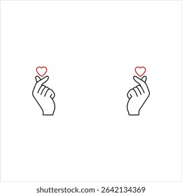 Female hand making fingers gesture small red heart. Asian sign of love, Korean symbol mini heart. Vector illustration of a love symbol in a minimalist linear trend style