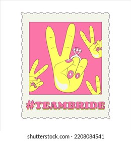 Female Hand Making Peace Gesture Pink Nails with Stars Teambride Bachelorette Party Temporary Hippie Tatto Sticker or Badge