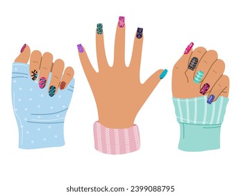 Female hand manicure. Colored decoration polish nails recent vector beauty concept illustration in cartoon style