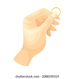 Female hand with manicure holding golden ring vector illustration