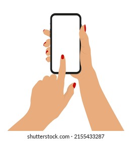 Mano femenina con manicura sosteniendo un smartphone con pantalla en blanco. Mujer con teléfono móvil de fondo blanco. Plantilla para mostrar el teléfono. Ilustración vectorial.