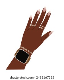 Female hand with manicure and jewelry gold rings wearing smart watch on wrist. Modern technology concept. Vector colorful illustration isolated on white background.	