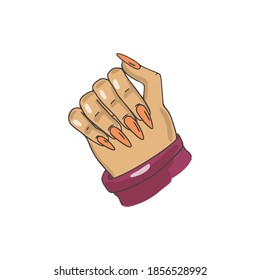 Female hand with a manicure. Long beautiful nails, gel polish coating. Colorized doodle style. Vector illustration on isolated white background. For printing on postcards, fabrics, packaging, web