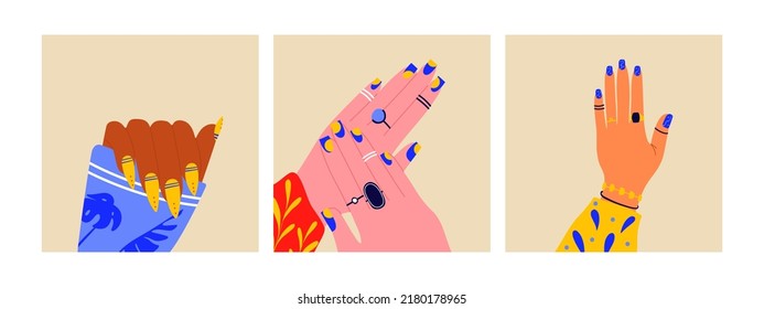 Female hand with manicured nails. Abstract woman fingers with bright manicure, rings and jewelry. Vector illustration