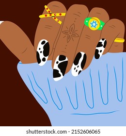 Female hand with manicured nails, golden rings and jewelry. Close up look. Hand with cool black and white Manicure. Spa, nail treatment, beauty concept. Hand drawn colored modern Vector illustration