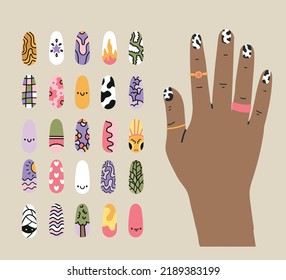 Female Hand With Manicured Nails With Rings. Top View. Hand With Bright Cool Colorful Manicure. Set Of Colored Cute Modern Painted Nails. Manicure. Hand Drawn Colored Bright Vector Illustration