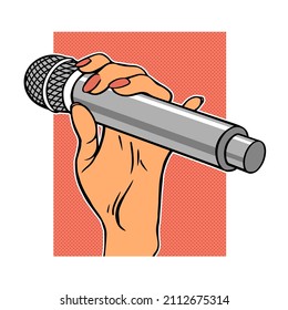 Female hand with a microphone. Woman singer and host of the show. Concept music and sound. Vector cartoon pop art illustration