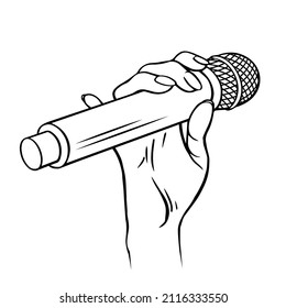 Female hand with a microphone. Woman singer and host of the show. Concept music and sound. Vector cartoon illustration. Black and white sketch