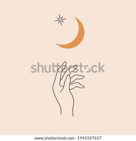 Female hand in a minimal linear style. Moon and star. Boho style. 