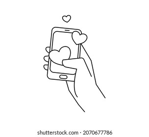 Female hand with modern smartphone and floating little hearts. Simple linear illustration for social media and dating apps. Banner and website concept for communication and networks.