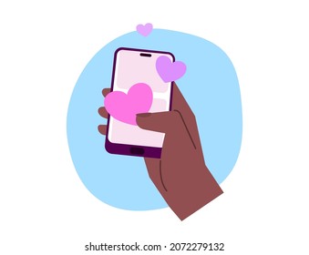 Female hand with modern smartphone and floating little hearts. Simple flat illustration for social media and dating apps. Banner and website concept for communication and networks.