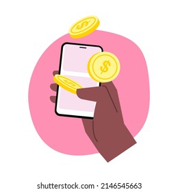 Female hand with modern smartphone and floating coins. Simple flat vector illustration for finance,  business and banking. Arm with money for charity, donation or lottery.