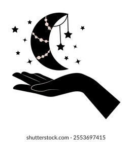 Female hand with moon. Vector illustration of hand silhouette with month, magic and energy rituals, energy exchange with cosmic bodies. Hand drawing for t-shirt prints, tattoos