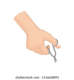 Female hand with nail scissors. Hand care and manicure theme. Flat vector element for advertising poster of beauty center