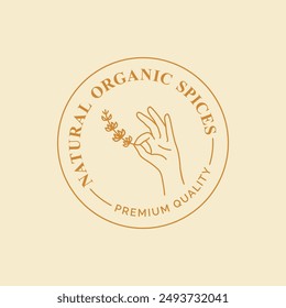 Female Hand and Natural Organic Spices Premium Quality Sign Logo Template Thin Line Icon. Vector illustration