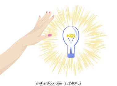 Female hand next to a burning bulb, vector illustration