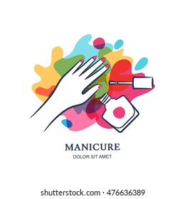 Female Hand On Color Nail Polish Splash Background. Vector Logo, Label, Emblem Design Elements. Concept For Beauty Salon, Manicure, Cosmetic, Womens Hand, Nail Polish Jar And Brush.