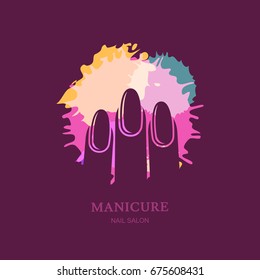 Female hand on color nail polish splash background. Vector logo, label, emblem design elements. Concept for beauty salon, manicure, cosmetic and hand care