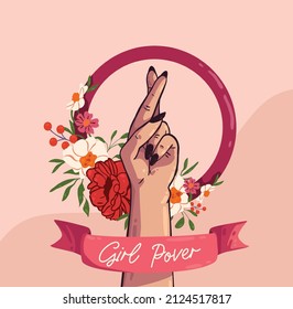 Female hand on a pink background and the inscription Girl power. Modern holiday vector illustration for 8 March celebration. Sisterhood and Feminism.  International Womens Day.