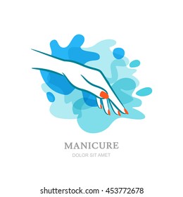 Female hand on water splash background. Vector logo, label, emblem design elements. Concept for beauty salon, manicure, cosmetic, organic care and spa. Womens hand silhouette, isolated.