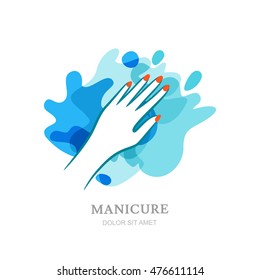 Female hand on water splash background. Vector logo, label, emblem design elements. Concept for beauty salon, manicure, cosmetic, organic care and spa. Womens hand silhouette, isolated.