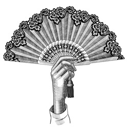 Female Hand With Open Fan. Vintage Engraving Stylized Drawing. Vector Illustration