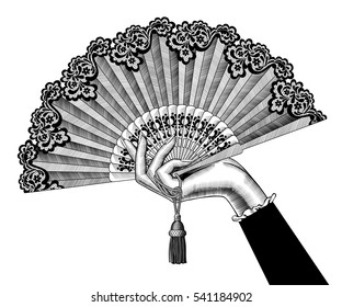 Female hand with open fan. Vintage engraving stylized drawing. Vector illustration